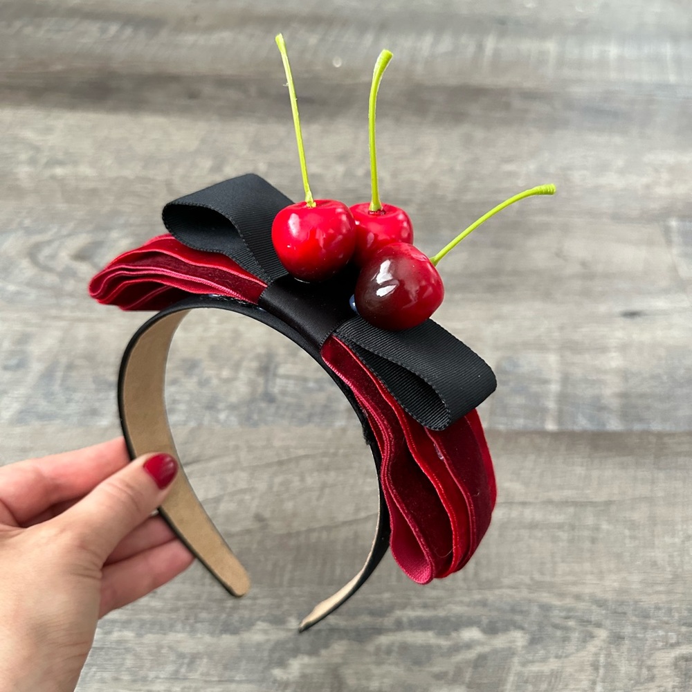 Handmade Designer Fascinator Headband Cherries Red Black Velvet Bow - Picture 14 of 15